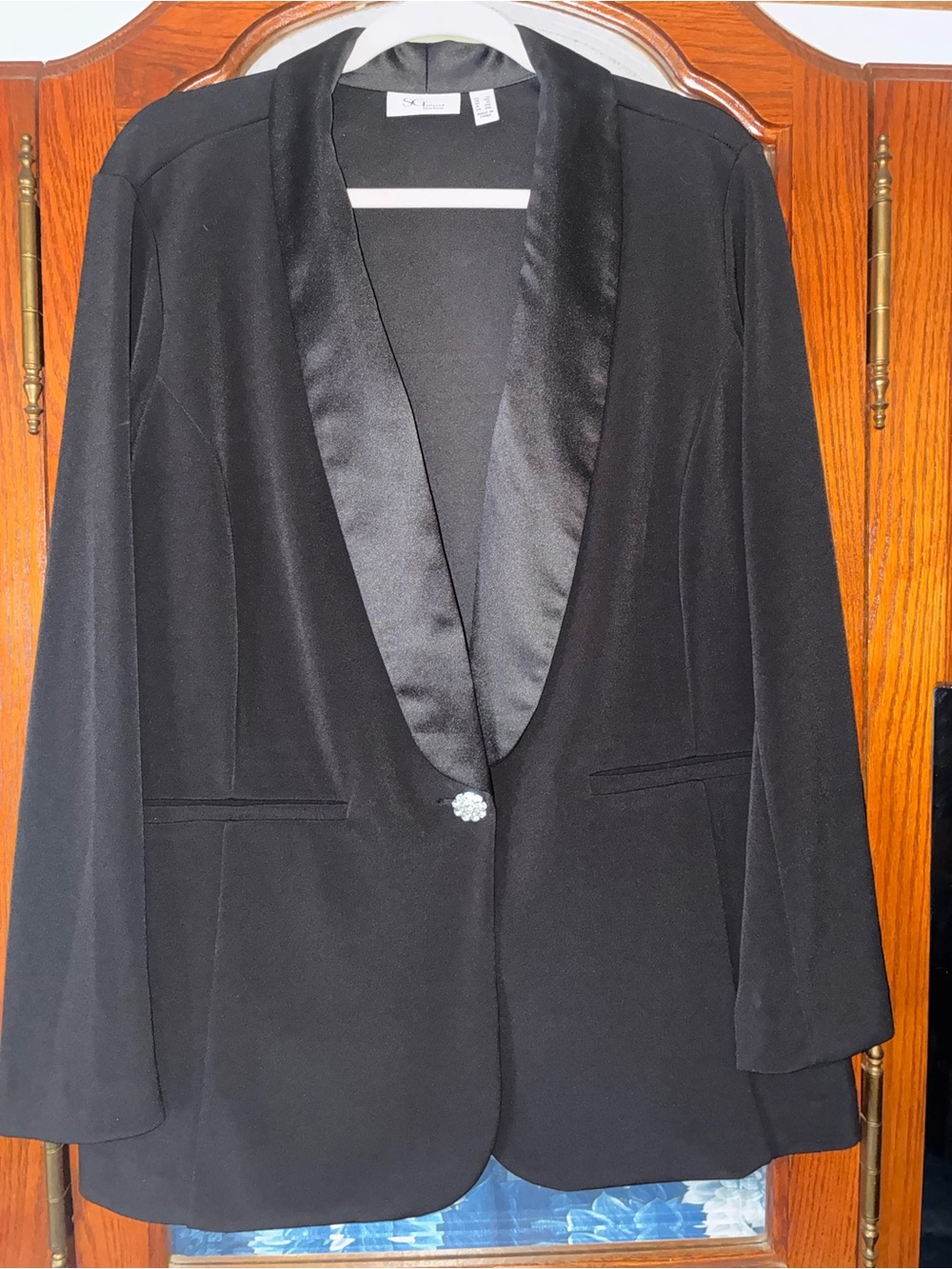 Susan Graver Black Satin-Lapel Blazer with Decorative Button